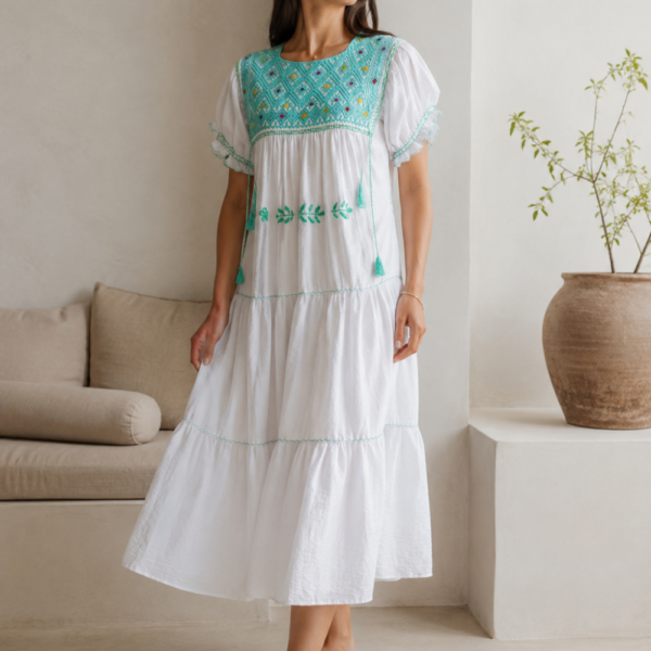 Vestido Blanco Lino Manga globo