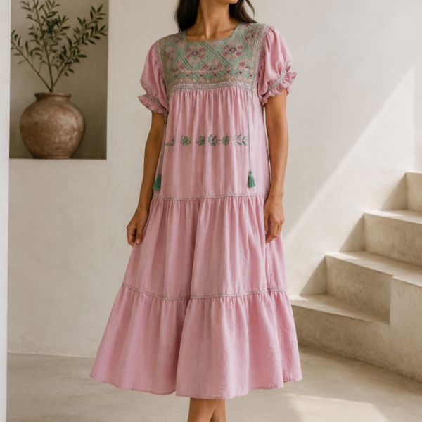 Vestido Rosa Lino Manga globo