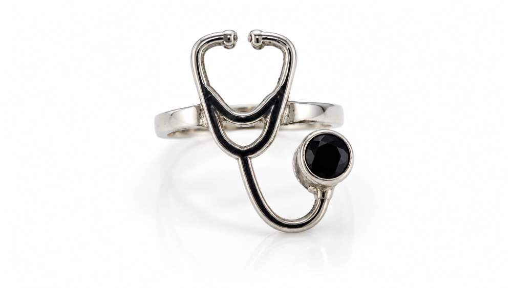 Anillo de Plata 925 Estetoscopio con Piedra Negra