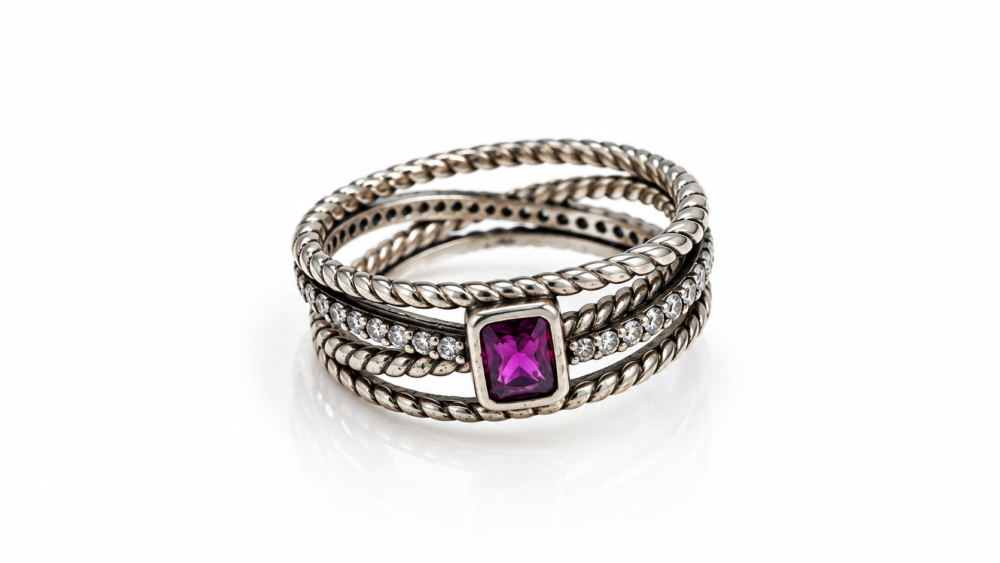 Anillo de Plata 925 Diseño Multibanda con Piedra Fucsia